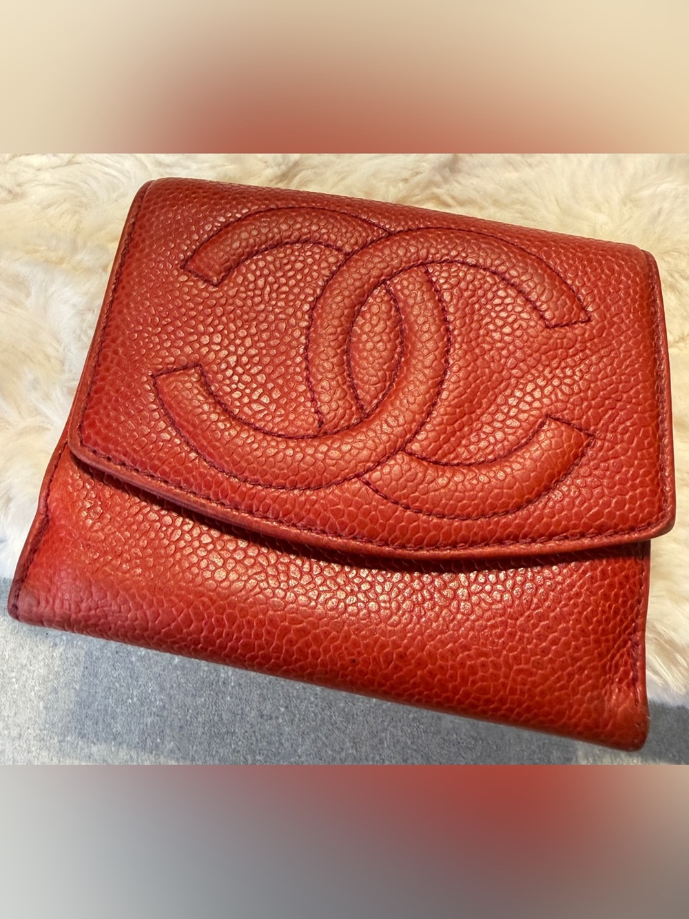 Vintage CHANEL Red Caviar Oversized CC Compact Trifold Wallet